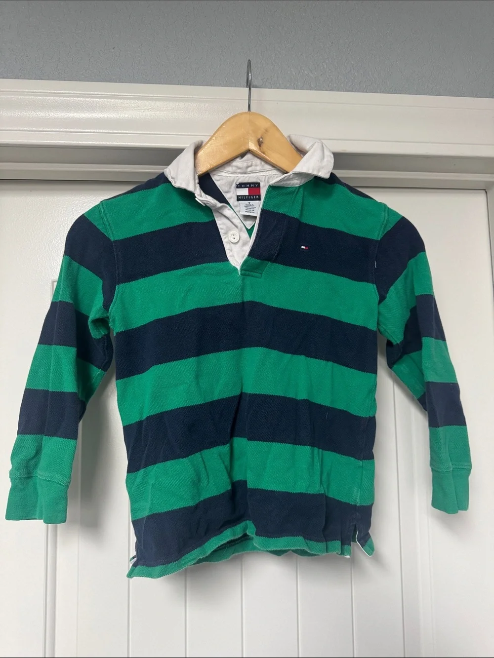 Tommy Hilfiger Kids Green & Navy Striped Rugby Polo with White Collar